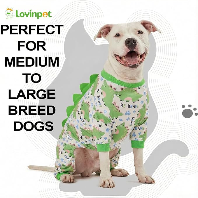 LovinPet Large Dog Pajamas, Four-Leg Stretch Onesie Bodysuit, Lightweight UV-Shielding Pajamas, Anti-Lick Calming Recovery Suit for Surgery, Pull-On for Medium and Large Breeds,White Green,XL