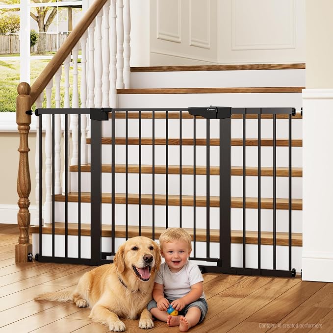 Cumbor 30-54" Extra Wide Baby Gate for Stairs & Auto Close Dog Gate Black | Dual Lock Easy Install Pet Gate for Doorways, Hallways & Kitchen, Pressure Mounted, Easy Walk Thru Safety Proofing