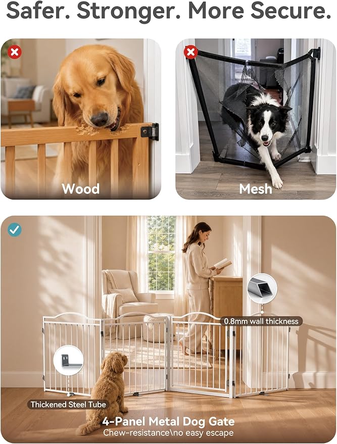 No Pawblems Full Metal Free Standing Dog Gate with Door, 30'' Tall | Foldable Freestanding Pet Gate for Indoor & Outdoor, Up to 104 Inch Extra Wide Dog Fence for Doorways, Stairs, Deck - White