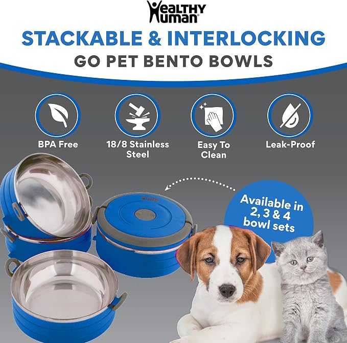 Healthy Human Travel Pet Bento Bowls - Human-Grade Stainless Steel & BPA-Free, Leak-Proof Water & Food Container Set for Dogs & Cats, 3-Pack Interlocking Bowls, Includes Spare Clips & Handle (Blue)