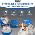 Healthy Human Travel Pet Bento Bowls - Human-Grade Stainless Steel & BPA-Free, Leak-Proof Water & Food Container Set for Dogs & Cats, 3-Pack Interlocking Bowls, Includes Spare Clips & Handle (Blue)