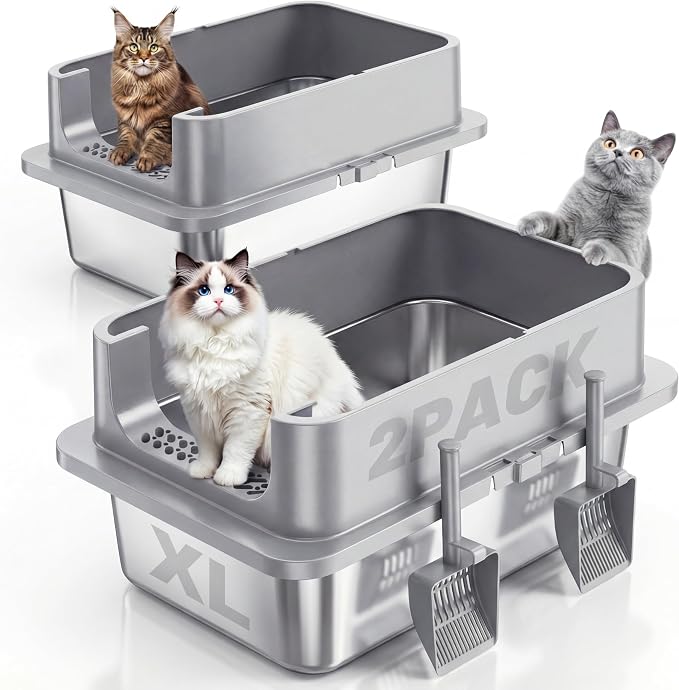 Jotesnew 2 Pack XL Stainless Steel Cat Litter Box with Lid and High Sides, 24" L x 16" W x 12" H Extra Large Metal Cat Litter Boxes for Big Cats, Leak-Proof, Non-Stick, Odor-Resistant, Includes Scoop