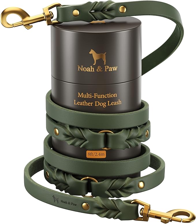 NOAH & PAW Leather Dog Leash, Premium Oil-Waxed Leather Braided, 8 ft Long Dog Leash with 6 Ways to Use Hands-Free, Quick-tie, Double Pet Lead Etc. Matching Collar Available. (Dark Green)