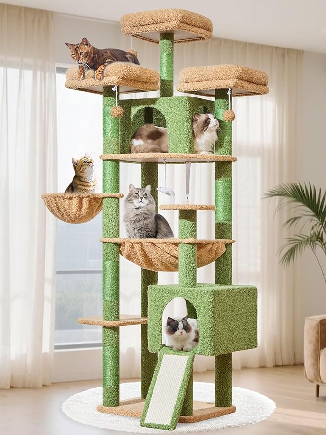 Taoqimiao Tall Cat Tree, 76In XL Cat Tower for Large Cats, 3 Padded Perches | Oversized Metal Hammock, 2 Big Condos, 1-Piece Ramp Scratcher, 7 Natural Sisal Posts, Hanging Basket, Cactus, MS047T