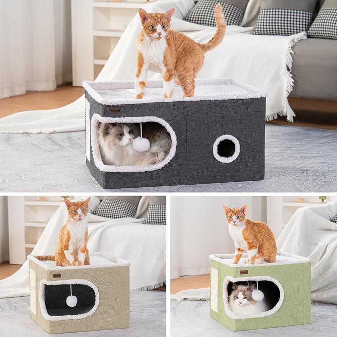 Garnpet Cat Bed for Indoor Cats Cube House, Covered Cat Cave Beds & Furniture with Scratch Pad and Hideaway Tent, Cute Modern Cat Condo for Multi Small Pet Large Kitten Kitty, Large, Dark Grey