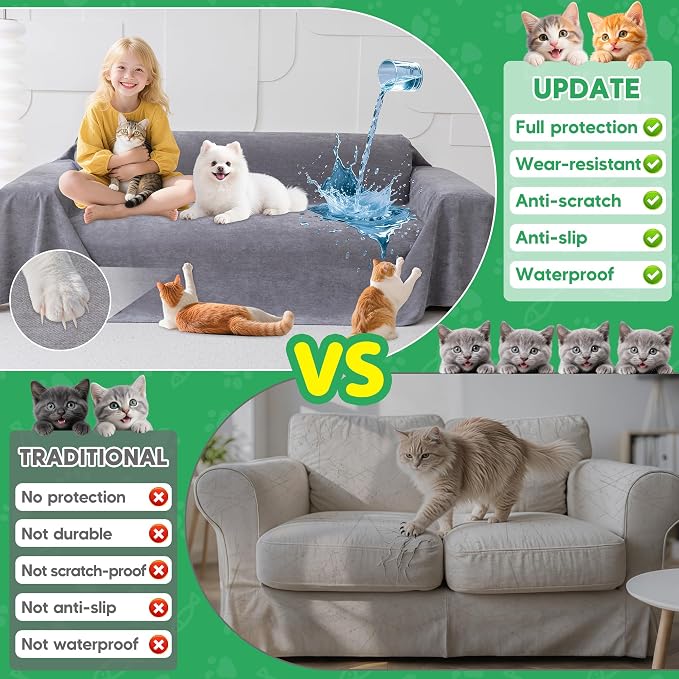 Loiion Cat Scratch Proof Furniture Protector Waterproof Sofa Cover 102"x71" | Pet-Friendly Couch Protector, Anti-Scratch & Anti-Slip Sofa Cover For Cats Dogs Kids, Machine Washable