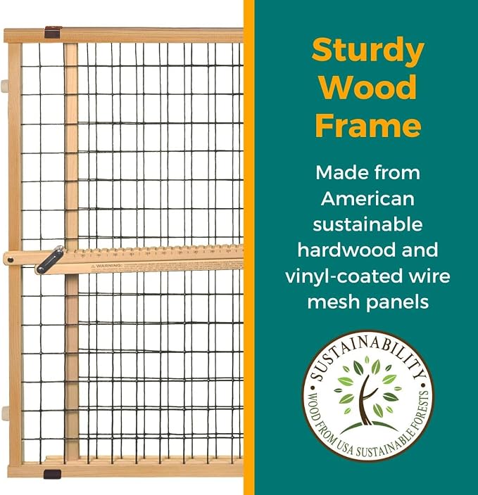 MYPET Wire Mesh Dog Gate: 29.5"-50" Wide, Pressure Mounted with No Tools; Expandable, Durable Pet Gates for Doors and Hallways, 31" Tall, Made with Sustainable Hardwood