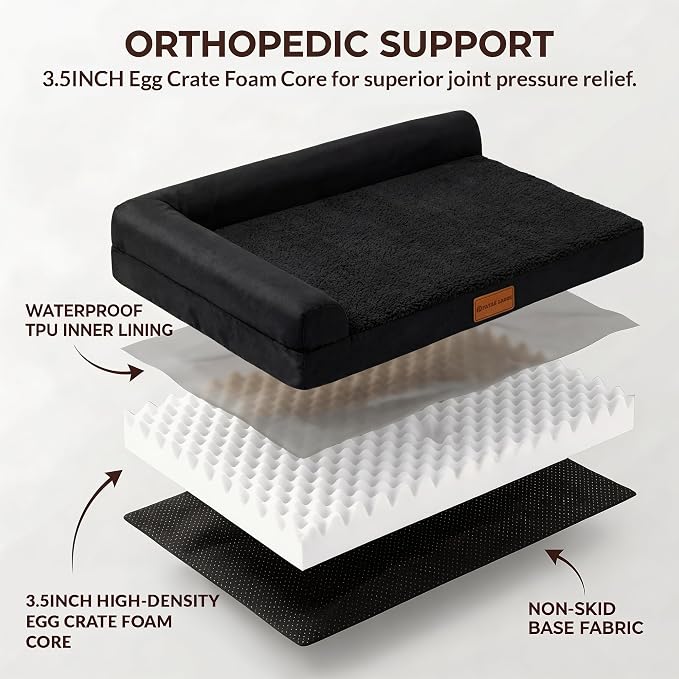Patas Lague Orthopedic Large Dog Bed Pet Sofa Beds 36''X24'' Black | L Bolster Egg-Crate Foam Dog Couch For Large Sized Dogs, Waterproof Removable Washable Cover, Pet Mat with Nonskid Bottom