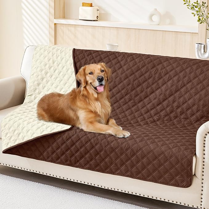 Smiry Waterproof Reversible Pet Couch Covers for Dogs | Pet Friendly, Soft Fabric, Washable Sofa Furniture Protector for Dogs Cat Kids, Checkered (68"x82", Brown/Beige)