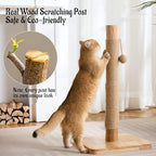 29" Tall Solid Wood Cat Scratching Post for Indoor Cats, Extra Stable Heavy Base, Natural Sisal Scratcher with Hanging Ball, Furniture Protector for Kittens & Adult Cats, Beige