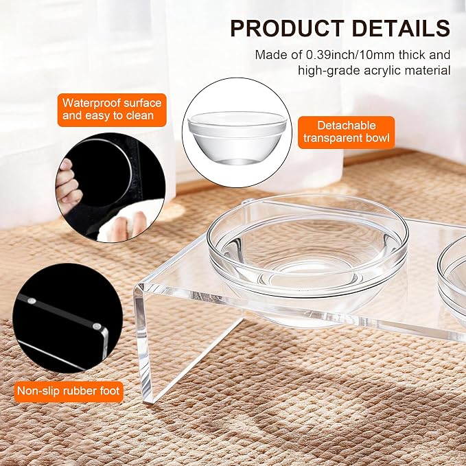 Clear Acrylic Elevated Dog Cat Bowls with Stainless Steel Bowls | Acrylic Elevated Dog Cat Bowls,Equipped with 2 Detachable Transparent Bowls and 2 Stainless Steel Bowls