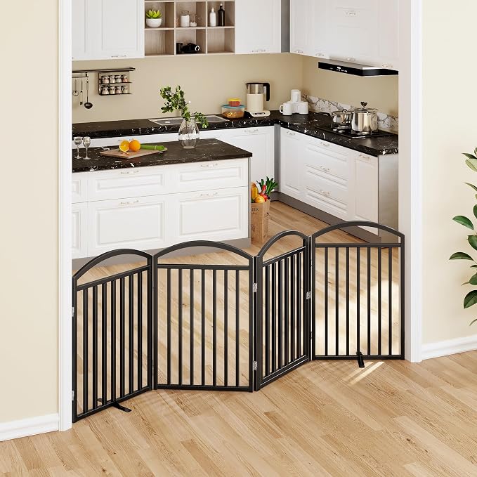Foldable Pet Fence 96" Wide, 32" Tall,No-Assembly Dog Gate with Door,Black | 4 Panels Metal Folding Freestanding Dog Gate Walk Through,Extra Accordion Puppy Folding Playpen for Doorways, Stairs,House
