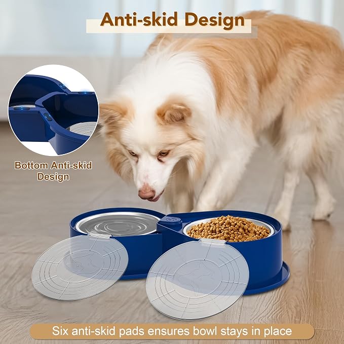 Newget 304 Stainless Steel Dog Bowl Set with Lids, 24oz Foldable Pet Dishes | Dual Food & Water Pet Bowl, Anti-Skid, Keeps Food Fresh, Easy to Install, for Small - Large Dogs/Cats - Indoor & Outdoor Use