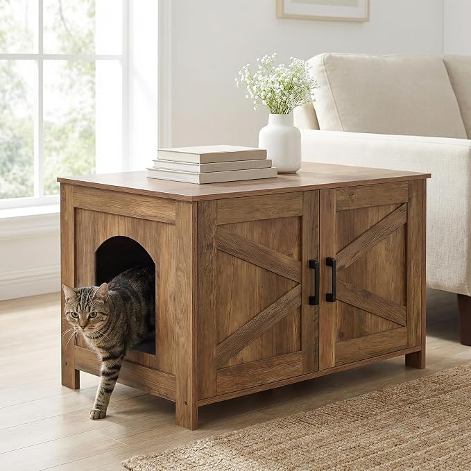 Homhedy 31.5" L Cat Litter Box Enclosure with Barn Door, Rustic Walnut | Wooden Cat Washroom Furniture, Cat House, Pet Storage Cabinet, Dog-Proof, Fit Most of Litter Box, Farmhouse Style