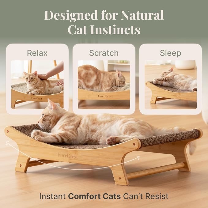 XL Sisal Cat Scratcher Bed with Elevated Hammock for Indoor Cats, Replaceable Natural Sisal Pad, Large Cat Lounge, Anti-Slip No-Wobble Bamboo Frame, Natural Grey