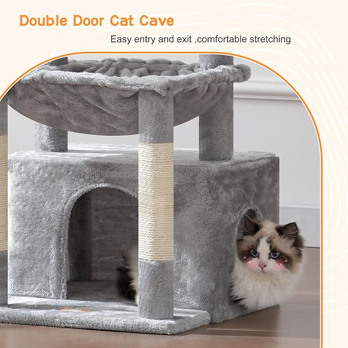 Heybly Cat Tree, Kitten Tower with Large Soft Cat Basket HCT008SW | Cat Condo with Spacious Cat Bed Cave with Hidden Space, Sisal Scratching Posts, Dangling Ball for Indoor Cats, Light Gray