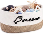 Cat Toy Basket with Cat Ear Handles, 19.5 x 11 x 9 in Woven Cats Toy Bin, Large Two-tone Cotton Rope Storage Box, Meow Words Organizer for Toys, Blankets, Home Decor (White, Linen)