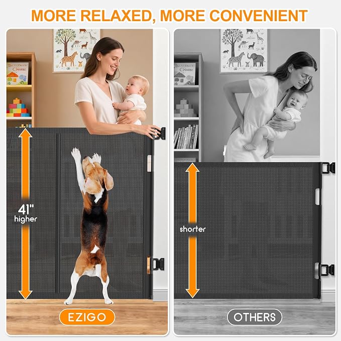 EZIGO 196 Inch Retractable Baby Gates, 41 Inch Extra Tall Retractable Gate | Reinforced Retractable Dog Gate with Rods, 16.3FT Extra Long Mesh Pet Gate for Stairs Hallways Doorway Indoor Outdoor, Black