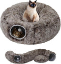 Cat Tunnel Bed for Indoor Cats with Washable Cushion Cat Cave Donut Tunnel with Fluffy Ball Big Round Tube Pet Playground Toys Soft Plush Peekaboo for Kitten, Cat, Puppy, Rabbit, Ferret（Brown）