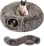 Cat Tunnel Bed for Indoor Cats with Washable Cushion Cat Cave Donut Tunnel with Fluffy Ball Big Round Tube Pet Playground Toys Soft Plush Peekaboo for Kitten, Cat, Puppy, Rabbit, Ferret（Brown）