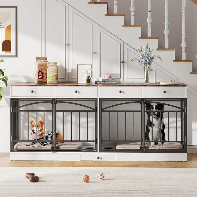 GarveeHome Dog Crate Furniture for 2 Dogs, Dog Kennel Indoor with 4 Storage Drawers and Feeding Bowls, Double Dog Crate TV Stand for Small Medium Dogs, White