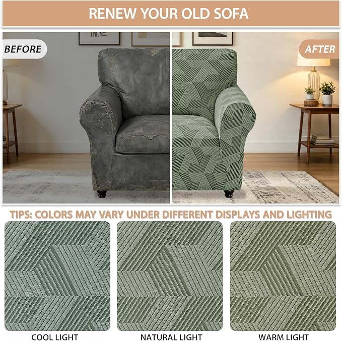 ZNSAYOTX Stretch Armchair Covers for, 1-Piece Chair Slipcovers for Living Room, Furniture Protector with Elastic Bottom for Dogs Cats Kids Geometrical Jacquard Fabric (Small, Army Green)