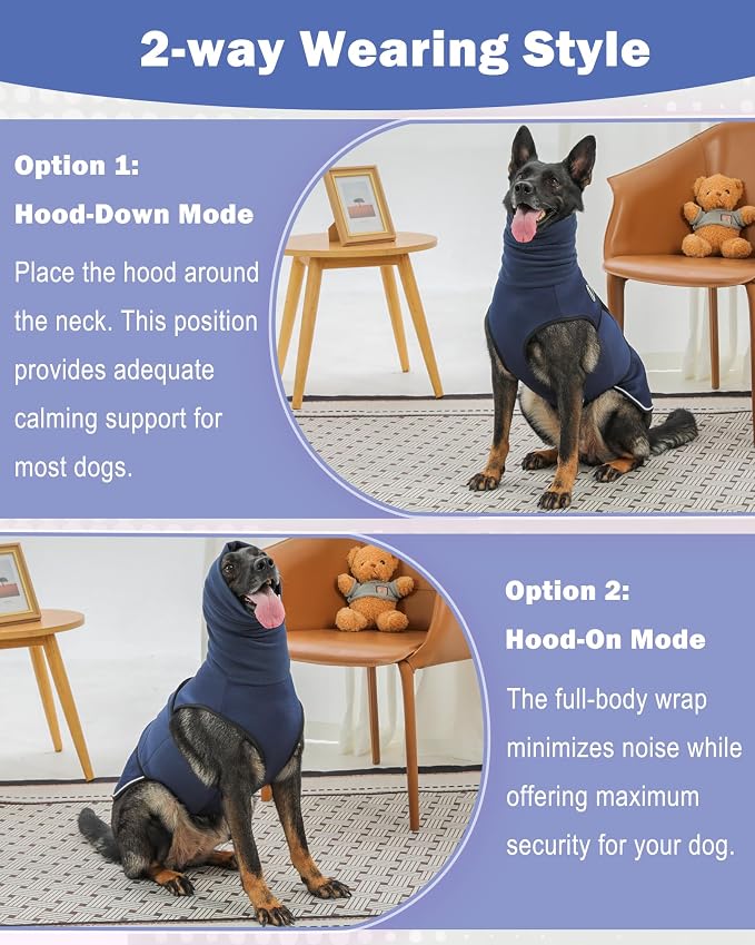 Meifsou Dog Anxiety Vest with Hood, Skin-Friendly Thunder Jacket for Dogs, All-in-One Dog Calming Shirt with Hood for Thunder, Fireworks, Separation - Keep Pet Calm Without Medicine, Dark Blue, 2XL
