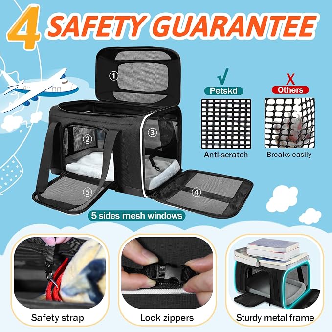 Petskd Top-Expandable Small Pet Carrier with Wheels Airline Approved | 18"x11"x11", for Delta/American/United Airlines, Lockable Safety Zippers and Anti-Scratch Mesh, Pets Under 10 Lbs, Black
