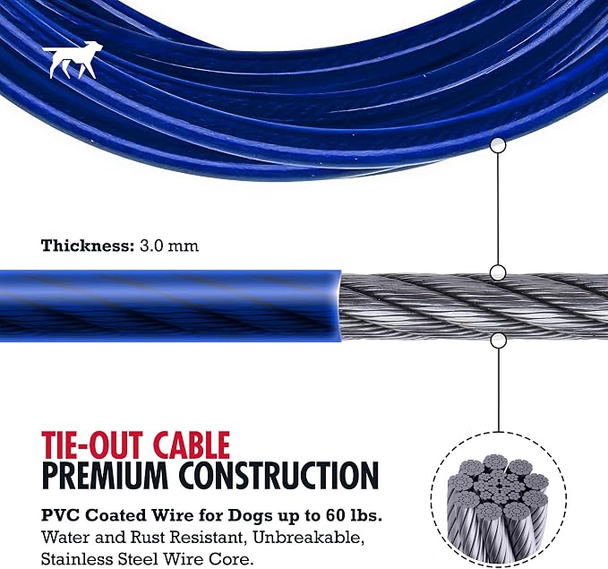 Tuff Pupper Dog Tie Out Cable, 25 ft Heavy Duty Lead for up to 60 lb Dogs | Extra-Strong Coated Steel Wire for Large Dogs; Water/Rust Resistant Yard Runner Line with 360-Degree No-Tangle Swivel Clips
