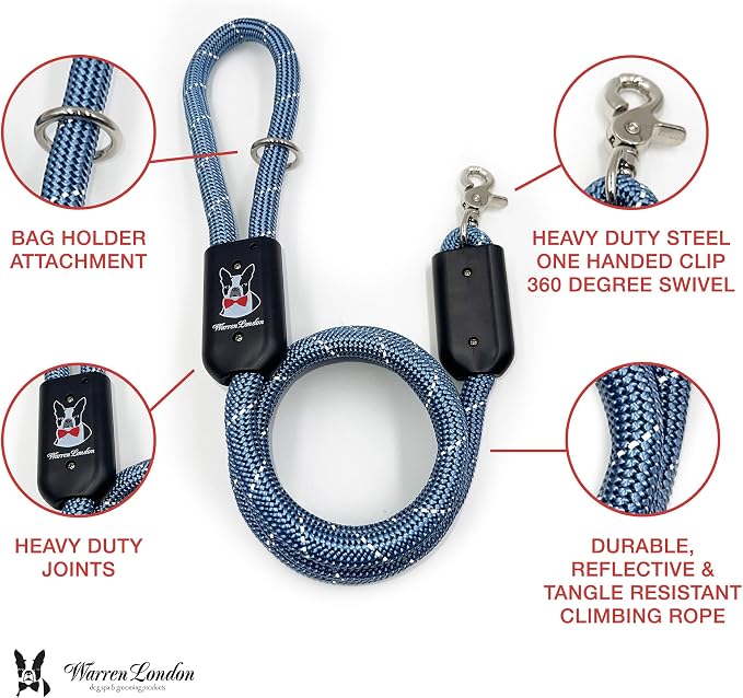 Warren London Climbing Rope Dog Leash – 5 ft Night-Safe Reflective Rope w/Padded Handle & Swivel Clip | Blue & White Nautical Strength for All Breeds