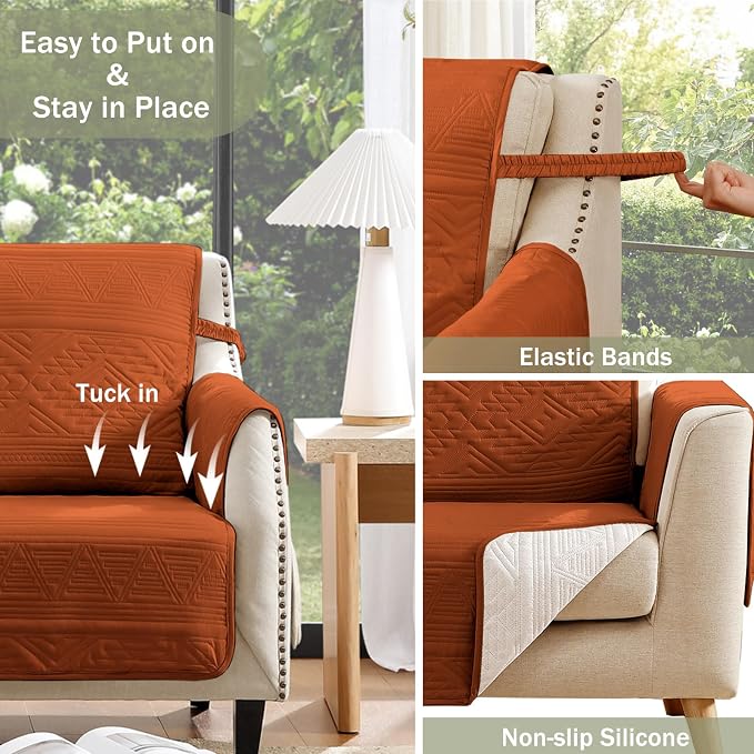 Boho Orange Loveseat Covers for 2 Cushion Couch, Water-Repellent Aztec Covers for Love Seat, Washable Quilted Couch Covers, Pet Friendly Loveseat Slipcovers (Loveseat 48", Burnt Orange)