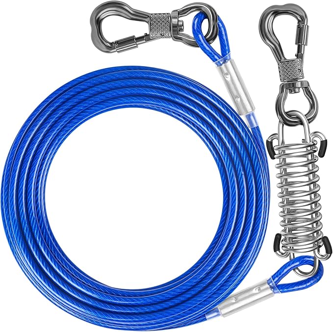 100FT Dog Tie Out Cable Lead with Shock Spring for Medium Large Dogs | Shock-Absorbing; 500LBS Tensile Strength; Strong Stainless Steel Core; 360° Swivel Locking Hook; Anti-Rust Vinyl Coating