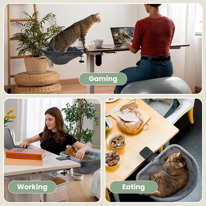 JUNSPOW Cat Desk Bed One-Click Folding, Maximum Holds 40lb, Grey Mesh | Sunken Design & Space-Saving Semi-Circular Cat Bed, Mesh Cover Material, Suitable for Various Desktops