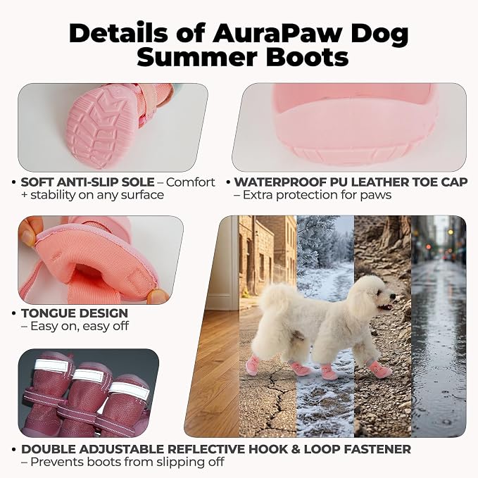 Summer Dog Shoes for Hot Pavement, Mesh Doggie Boots Adjustable & Breathable & Reflective, Paw Protectors for Outdoor Walking Running Travel, Pink, Size 2