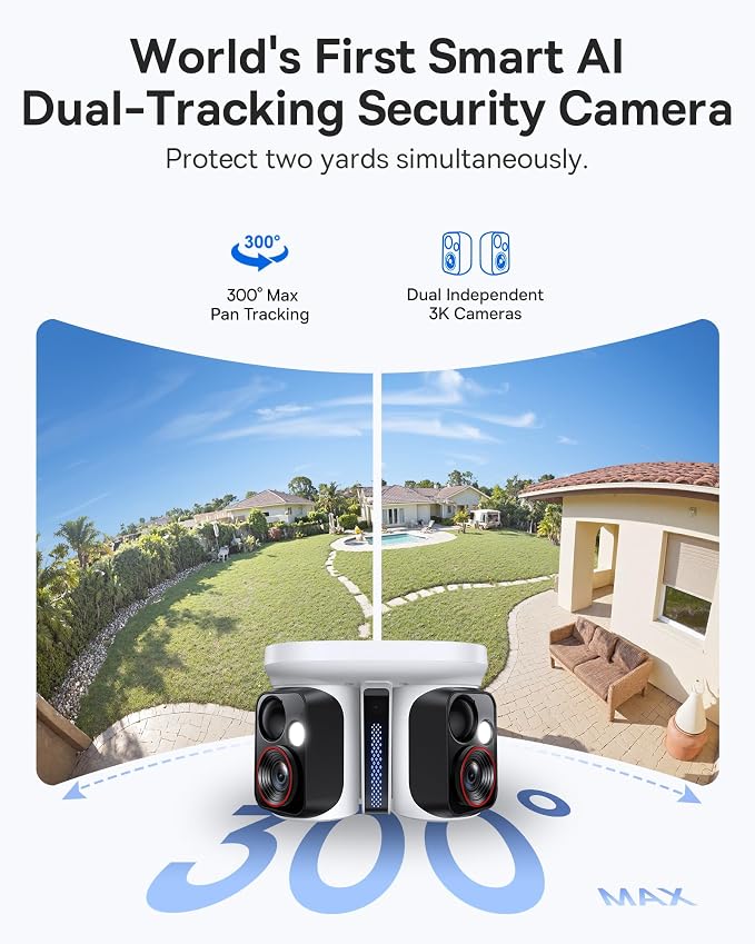 Baseus X1 Pro 3K Dual-Lens AI Solar Camera Outdoor Wireless, No Monthly Fee | 300° AI Tracking, 150-day Battery, IP65, Local Storage up to 512GB, AES+RSA, Color Night Vision, 8x Zoom, Privacy Zones
