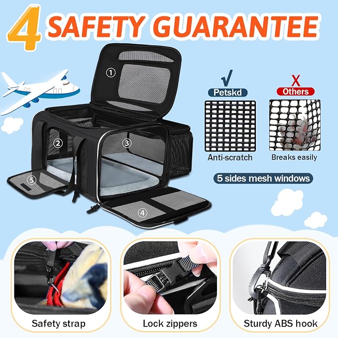 Petskd Top and Side Expandable Small Pet Carrier Airline Approved, Black | 17"Lx11"Wx9.5"H, for Alaska Airlines, Pets Under 10 Lbs, Lockable Zippers,Soft-Sided, Anti-Scratch Mesh