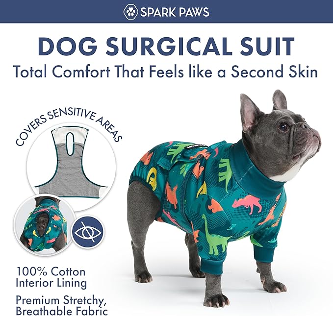 Spark Paws Dog Surgery Recovery Suit – Dog Recovery Suit After Surgery, Anti-Lick Dog Onesie, Abdominal Wound Protector, Soft Cone Alternative for Spay Neuter Male Female Pet Recovery - Dinosaurs - S