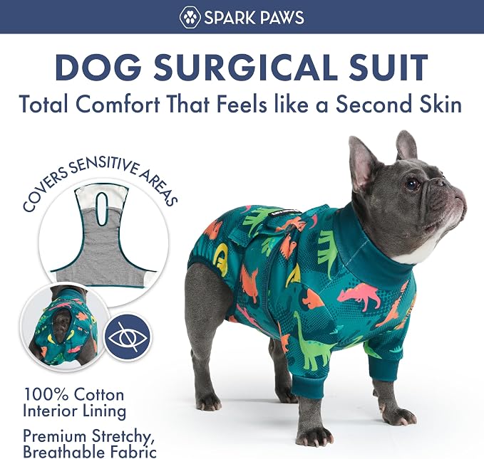 Spark Paws Dog Surgery Recovery Suit – Dog Recovery Suit After Surgery, Anti-Lick Dog Onesie, Abdominal Wound Protector, Soft Cone Alternative for Spay Neuter Male Female Pet Recovery - Dinosaurs, 2XL