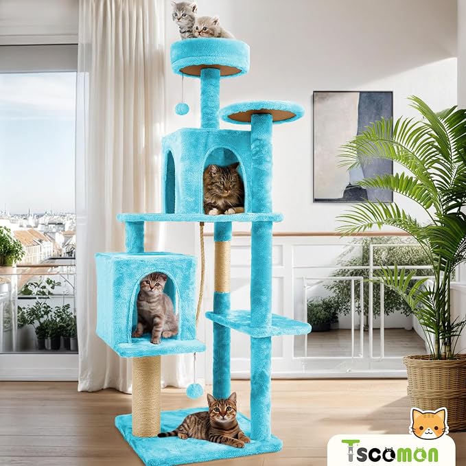 58.5inch Large Cat Tree Tower Condo for Indoor Cats, Soft Plush Multi-Level Climbing Tree Cat House, Scratching Post, More Entrance/Exit, Sisal Rope, Peacock Blue