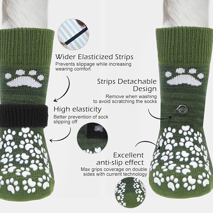 EXPAWLORER Anti Slip Dog Socks to Prevent Licking Paws, Shoes for Hot Pavement, Dog Booties for Small Medium Large Senior Dogs, Traction Control Boots & Paw Protectors for Hardwood Floors ArmyGreen