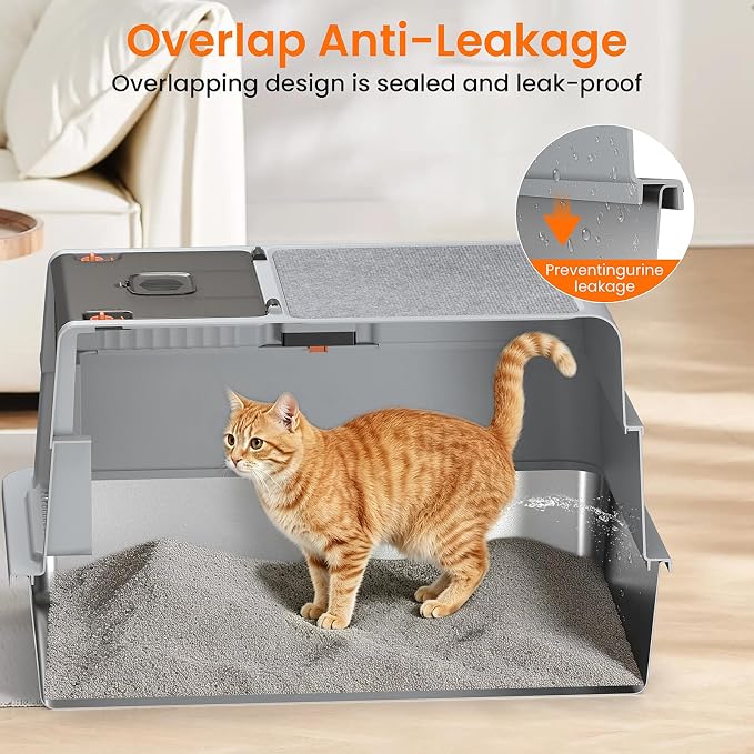 XXXXL Stainless Steel Litter Box with Lid,28.0" L × 20" W × 17" H Extra Large High Sided Cat Litter Box for Multi -Cats,Enclosed Metal Litter Box with Cat Scratcher and Scoop,Grey
