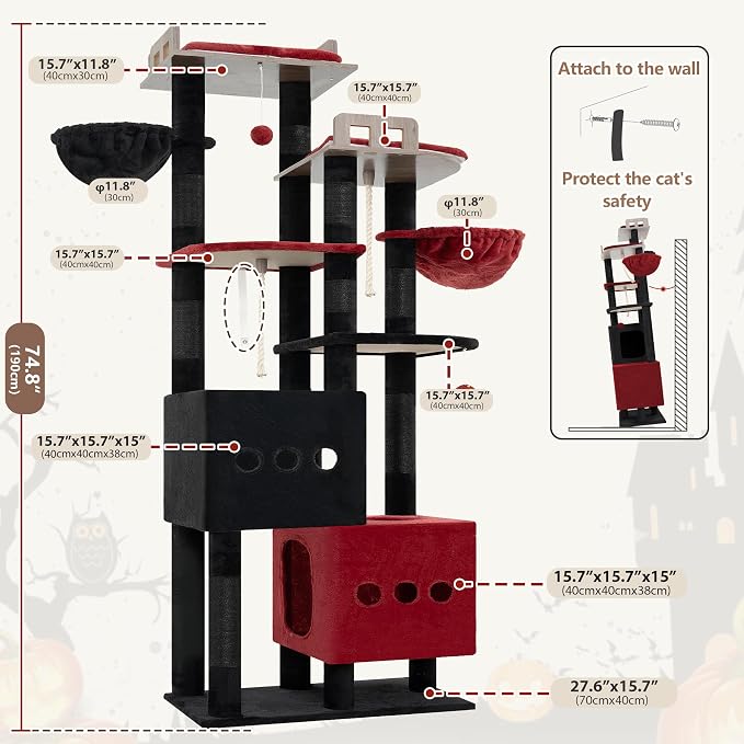 Gitelsnour Sturdy Cat Tree Tower with 2 Large Condos, 4 Big Perchs GCT039BR | 74.8" Sturdy Cat Furniture for Indoor Cats Large Adult with 2 Cozy Cat Baskets, Sisal Scratching Posts & Toys, Black and Red