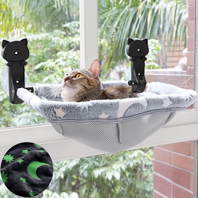 Cat Window Perch Cordless, Glow in The Dark & Stable Cat Beds- Breathable Window Hammock for Overlooking, Sunbathing and Climbing - Maximum Hold Up to 40lb(Grey)