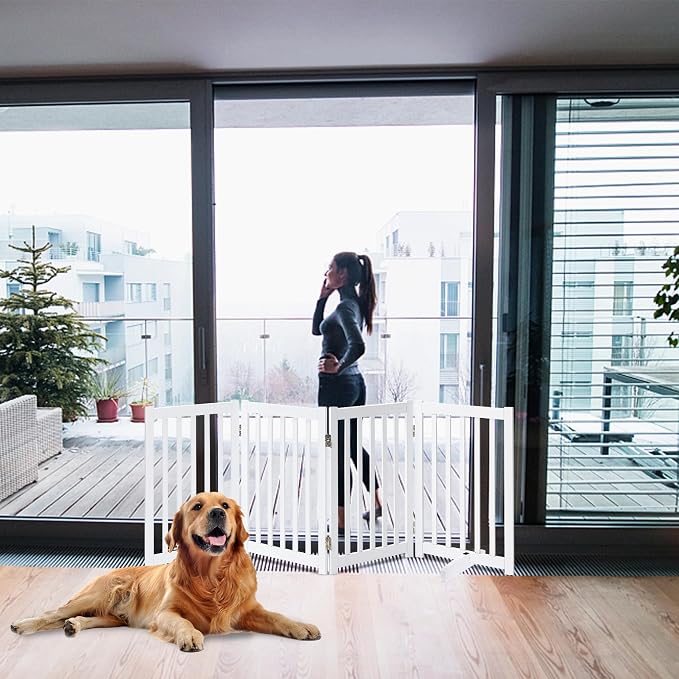 LZRS Freestanding Extra Wide Dog Gate 80" W x 30" H Solid Wooden Pet Gate for Doorways, Stairs, Hallways,Kitchens& Long Areas, Expandable & Foldable with Support Feet,Indoor Use,White