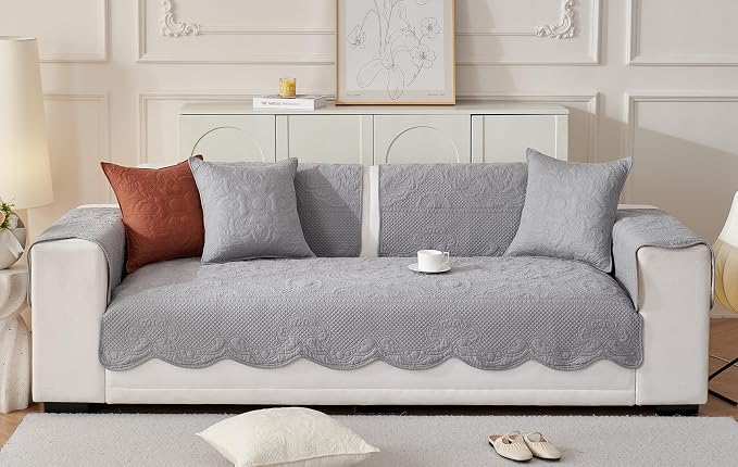Luxury Vintage Cotton Embroidery Sofa Cover Soft Farmhouse Seat Cushion Cover Floral Quilted Sectional Couch Cover Anti-Slip Sofa Slipcovers Furniture Protector for Dogs Cats (Grey,36"x36")