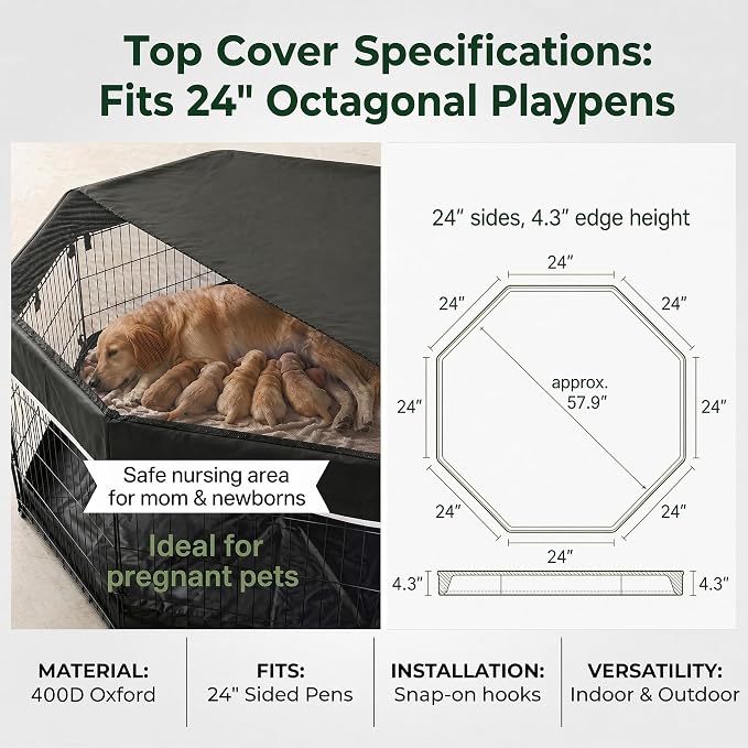 PJYuCien Puppy Playpen with Top Cover & Bottom Pad, 8 Panels 24" H, Black | 24"W, Small Pet Safe Sanctuary, Foldable Octagonal Pen, Versatile, Indoor & Outdoor, Backyard Pasture, Protects Floors