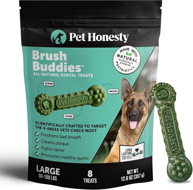 Brush Buddies Long Lasting Dog Dental Chews - All Natural Dental Sticks for Teeth Cleaning Plaque Off + Tartar Remover for Dogs - Dog Dental Treats + Breath Freshener - Large Sized Dogs (8 Count)