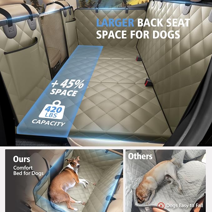 Btefd Back Seat Extender for Dogs, Hard Bottom Dog Hammock for Car & SUV | Dog Seat Cover Supports 420lbs, 45% More Space, Waterproof, Mesh Window, Scratch Resistant, Non-Slip, Easy Care, Beige