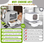 Covered Cat Litter Box, Extra Large Drawer Design with Dual Entry,Pale Grey | 13L litter capacity, adjustable door, leakproof structure, cleaning accessories, complimentary cat litter mat