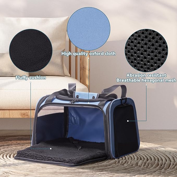 PETSFIT Pet Carrier, Blue, Small and Medium Cats, Puppies Up to 12 Lbs | Dog Carrier, Airline Approved, Collapsible Soft Sided, TSA Approved, Cat Travel Carrier